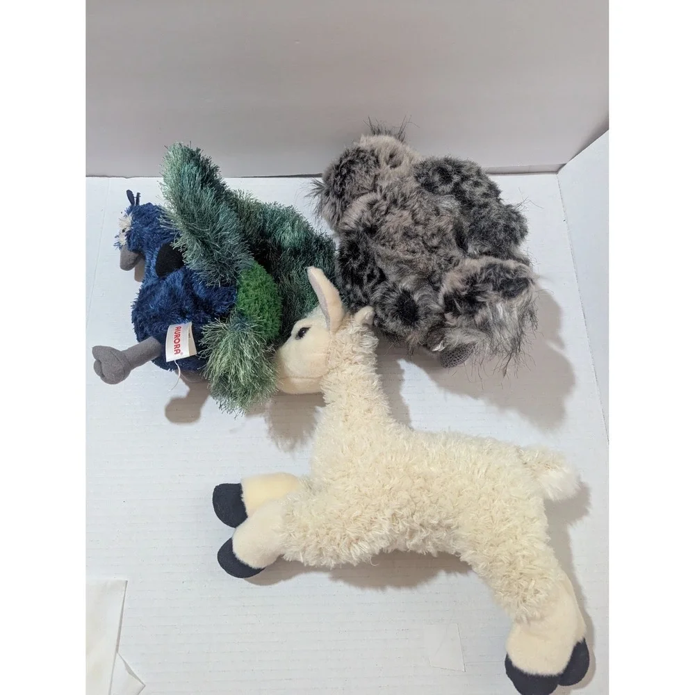 Aurora Plush‎ Lot Peacock Owl Lamb Stuffed Animal Bird Farm Toy Set 3pc